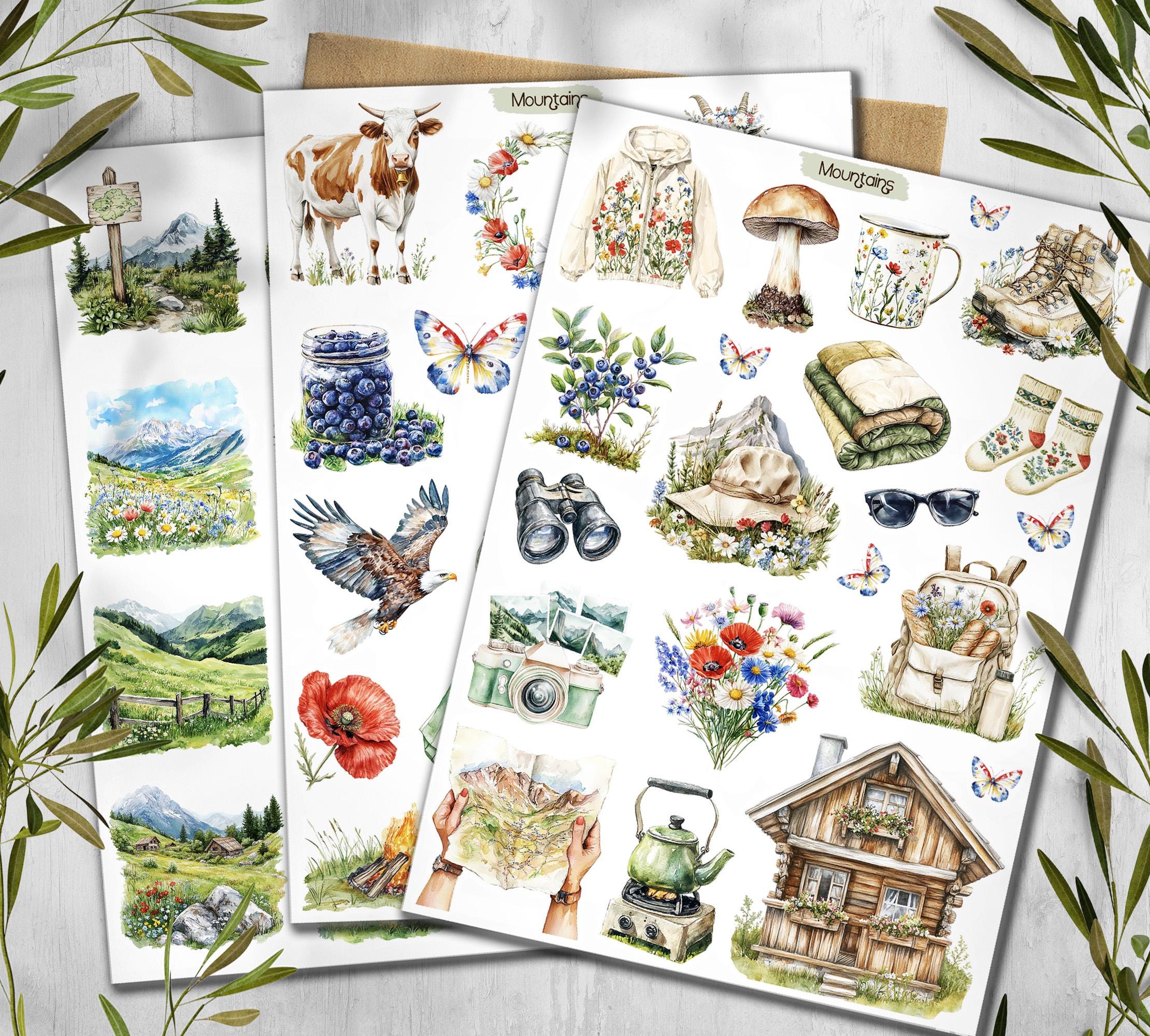 Mountains & Hiking Stickers: Cottagecore Scrapbook, Planner Stickers - Etsy