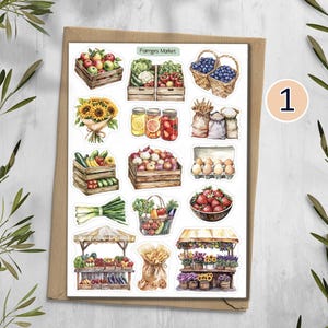 May include: A sticker sheet labeled Farmers Market featuring watercolor illustrations of wooden crates filled with apples, vegetables, and onions, baskets of blueberries, jars of preserves, sunflowers, eggs, flour sacks, strawberries, and market stalls.