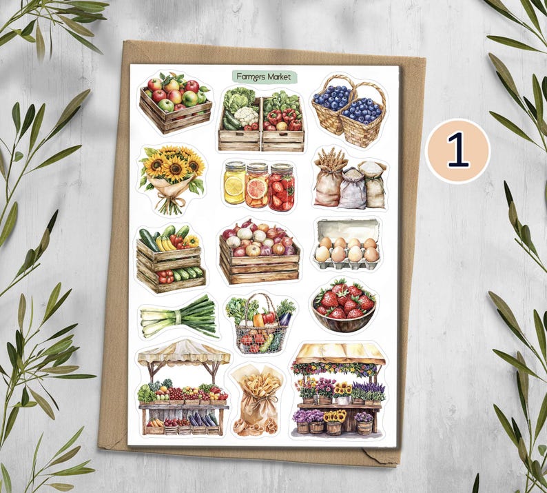 May include: A sticker sheet labeled Farmers Market featuring watercolor illustrations of wooden crates filled with apples, vegetables, and onions, baskets of blueberries, jars of preserves, sunflowers, eggs, flour sacks, strawberries, and market stalls.