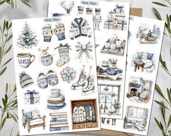 Pegatinas nórdicas de invierno. Bosque nevado. Lámina de pegatinas navideñas. Pegatinas acogedoras de invierno para agenda. Scrapbooking.