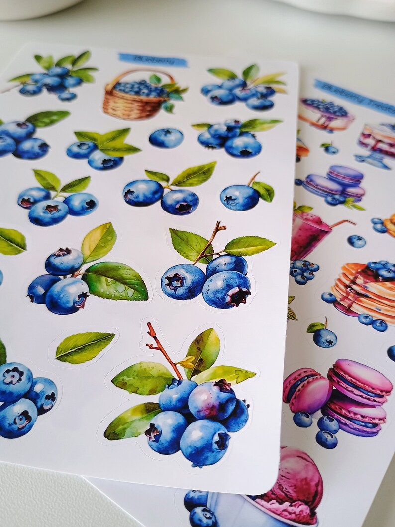 May include: Two sticker sheets featuring watercolor illustrations of blueberries and blueberry-themed desserts. The first sheet displays individual blueberries, clusters on stems, and a basket. The second sheet shows blueberry pancakes, macarons, and ice cream.