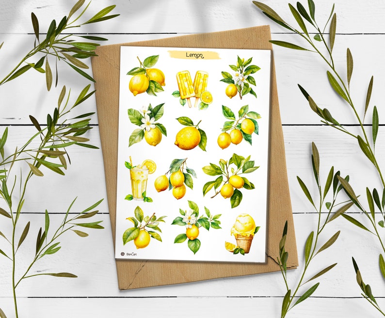 May include: A sheet of stickers featuring watercolor illustrations of lemons, lemon slices, lemon trees, and lemon-themed treats like lemonade and ice pops. The stickers are on a white background and have the word "Lemon" printed at the top.