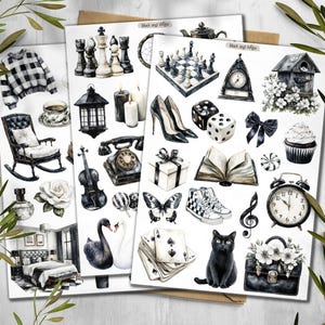 Adesivi in bianco e nero. Adesivi moda. Adesivi estetica stregata. Adesivi ombrello floreale. Adesivi junkjournal. Adesivi per scrapbooking.