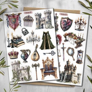 May include: Two sheets of medieval-themed stickers with castles, crowns, a throne, a lute, and a long green dress. The stickers have a watercolour effect and include the word "Medieval".