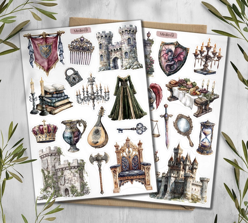 May include: Two sheets of medieval-themed stickers with castles, crowns, a throne, a lute, and a long green dress. The stickers have a watercolour effect and include the word "Medieval".
