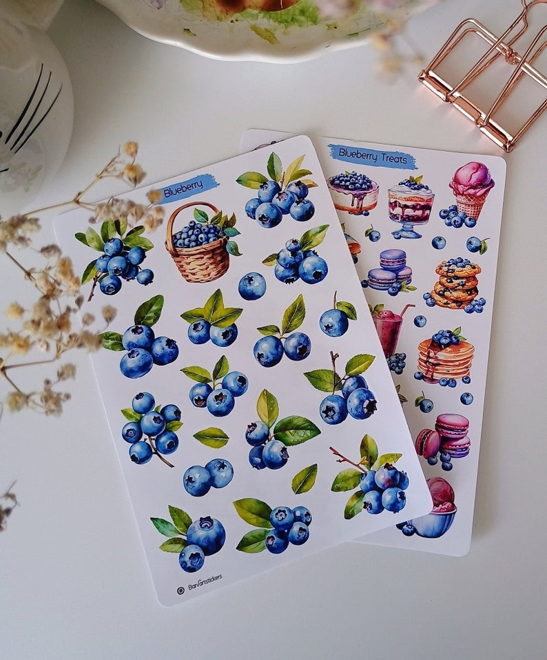 May include: Two white sticker sheets featuring watercolor illustrations. The left sheet is labeled Blueberry and shows various clusters of blueberries and a basket. The right sheet is labeled Blueberry Treats and displays desserts like pancakes, macarons, and ice cream.
