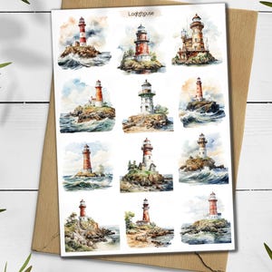 Adesivi con fari. Adesivi con mare. Adesivi con conchiglie. Adesivi con spiaggia e oceano. Adesivi nautici e marittimi. Paesaggio estivo, faro.
