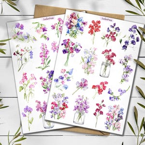 Bloemstickers Sweetpeas. Geboortebloem. Stickerpakket wilde bloemen. Siererwtenstickers. Botanische sticker siererwten. Scrapbooken