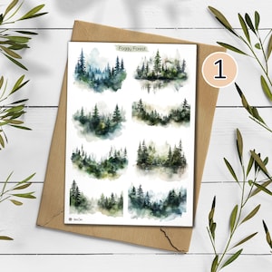 Foggy Forest Sticker Sheet: Watercolor Woodland Landscape Stickers Design 1