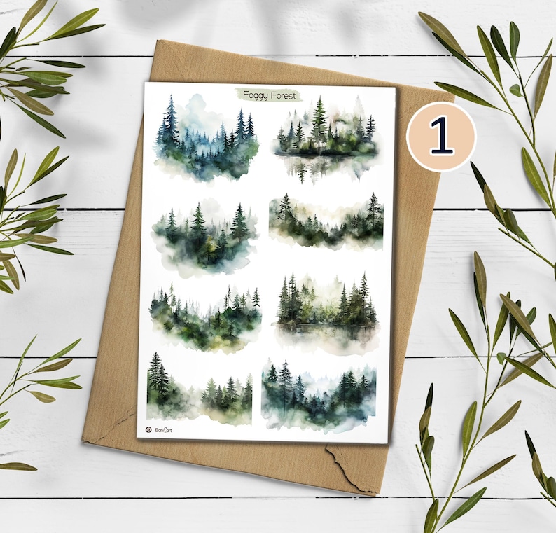 Foggy Forest Sticker Sheet: Watercolor Woodland Landscape Stickers Design 1