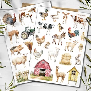 Stickers boerderijdieren. Stickervel dieren. Boerderijstickers. Bulletjournaal. Kip, hooglandkoeien, schapen, schuur, platteland, huisdierenstickers.