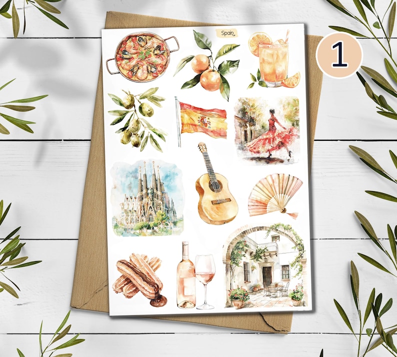 Spain Travel Stickers: Mediterranean Holiday, Scrapbook Planner Design 1