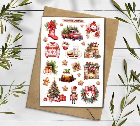 Traditional Christmas Sticker Sheet. Winter Holiday Scrapbooking Stickers