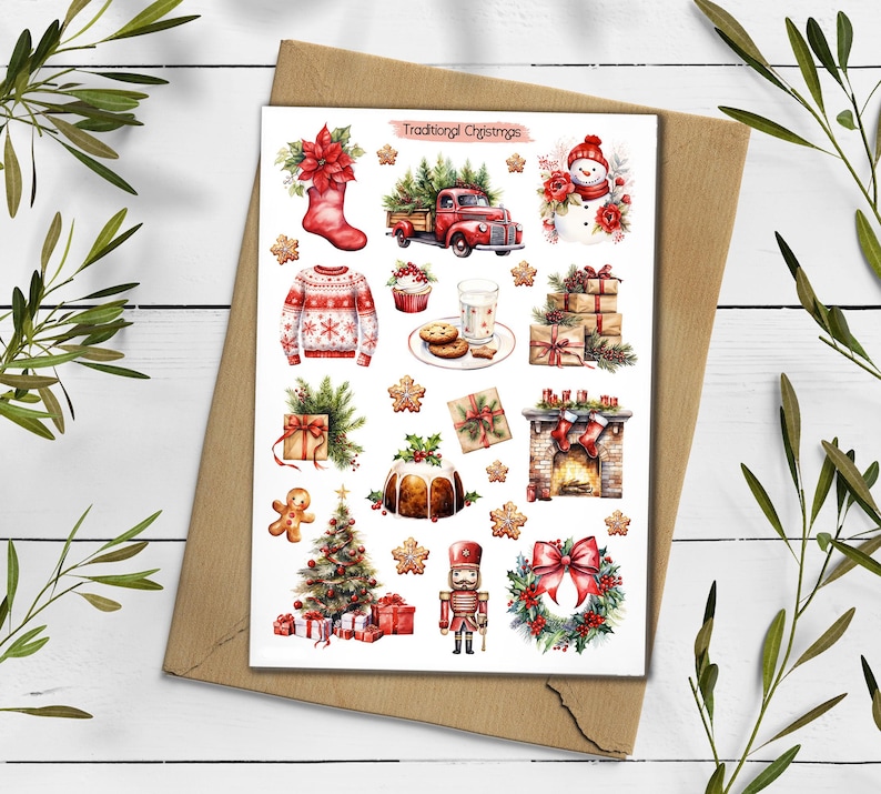 May include: A sticker sheet titled Traditional Christmas featuring watercolor illustrations of a red truck, snowman, gingerbread man, nutcracker, Christmas tree, fireplace, presents, sweater, poinsettia, and holiday treats on a white background.