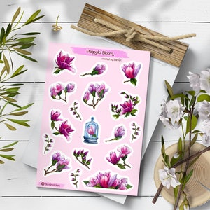 Magnolien- Aufkleber. Magnolienblüten Sticker. Frühlings-Aufkleber. Bullet Journal, Rosa Sticker. Wasserfarben Osteraufkleber. Florale Aufkleber