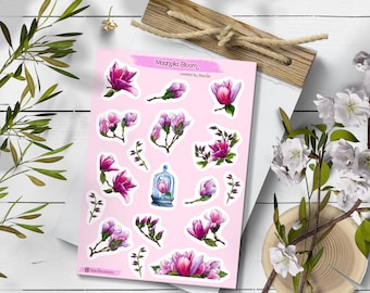 Magnolia Stickers. Magnolia bloom Sticker. Spring Stickers. Bullet Journal, Pink flower Stickers. Watercolor Easter Sticker. Floral Stickers