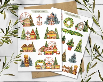 Christmas Market Stickers. Winter House Stickers. Christmas Village scrapbooking.