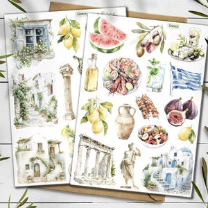 Stickers Grèce. Stickers méditerranéens. Autocollants de voyage. Feuille d'autocollants pour les fêtes. Stickers citron. Stickers Côte Méditerranéenne