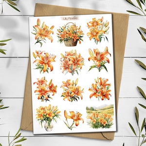 Stickers fleurs de lys. Fleur de naissance. Pack d'autocollants fleurs sauvages. Stickers Lys. Sticker botanique du mois de naissance. Scrapbooking