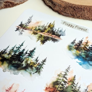 Foggy Forest Sticker Sheet: Watercolor Woodland Landscape Stickers image 10