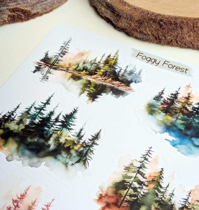 Foggy Forest Sticker Sheet: Watercolor Woodland Landscape Stickers image 10