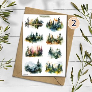 Foggy Forest Sticker Sheet: Watercolor Woodland Landscape Stickers Design 2