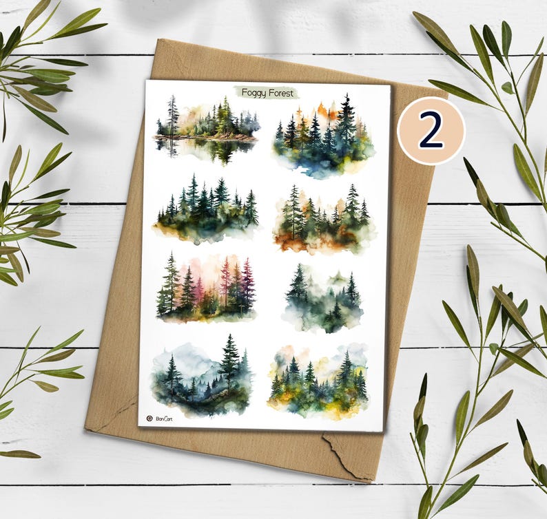 Foggy Forest Sticker Sheet: Watercolor Woodland Landscape Stickers Design 2