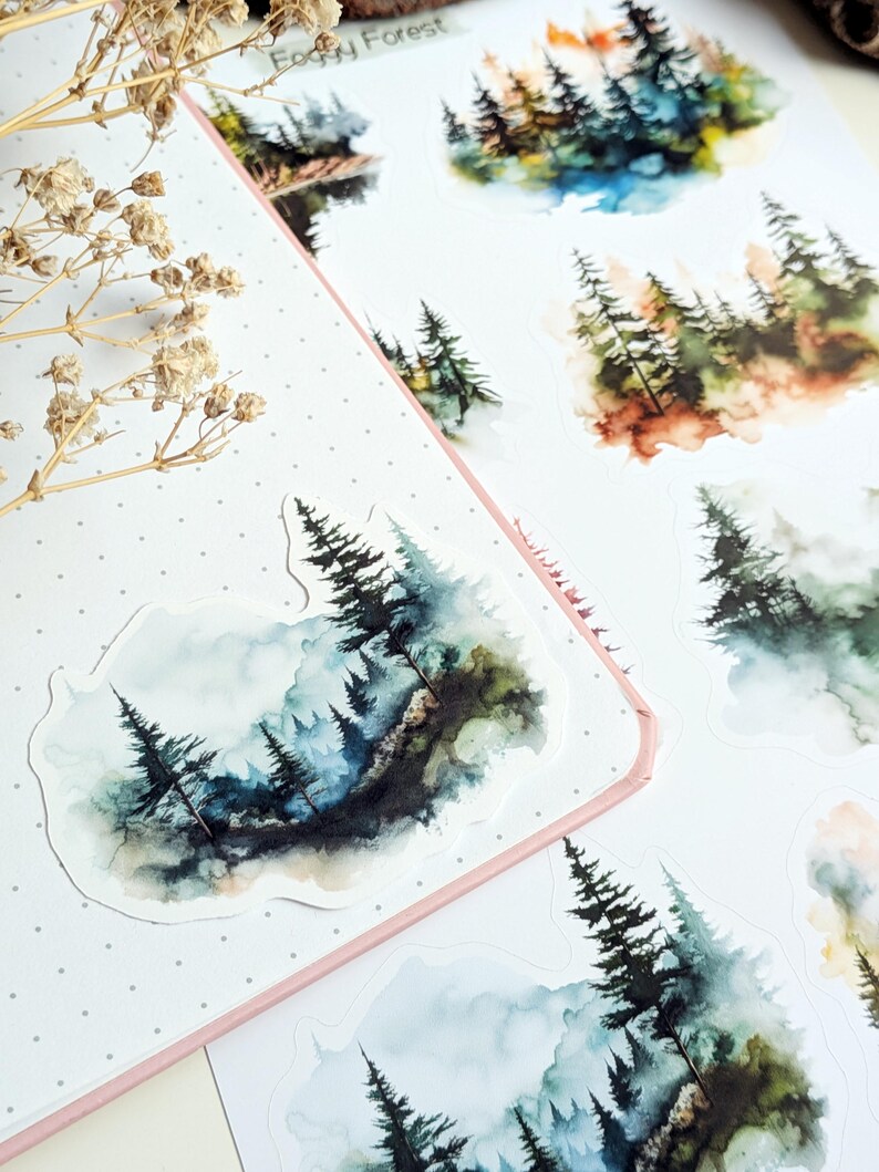 Foggy Forest Sticker Sheet: Watercolor Woodland Landscape Stickers image 7