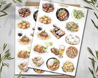 May include: A sticker sheet featuring various watercolour illustrations of food and drinks, including pasta, sushi, tacos, pizza, and steak. The text 'Dinner Time' is printed in the upper right corner. The stickers are arranged on a white background.