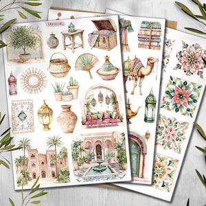 Stickers marocains. Autocollants de voyage. Feuille d'autocollants pour les fêtes. Stickers carrelage marocain. Stickers méditerranéens