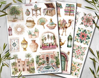 Feuille D'Autocollants A5 Vinyle Maroc - Drapeau, Monuments & Carte Du Royaume Pour Voyage Et Scrapbooking