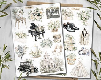 Floral Wedding Stickers: Bride, Rings, Celebration - Scrapbooking