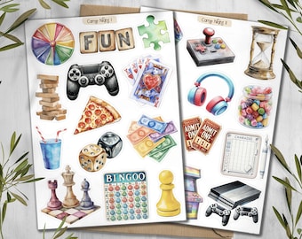 Spieleabend Sticker. Gaming Aufkleber. Bordspiele Stickers. Familien Nacht Sticker Bogen. Planer Scrapbooking