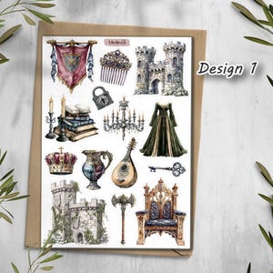 May include: A sticker sheet with medieval illustrations, including a castle, crown, dress, lute, key, throne, and banner. The text "Design 1" is visible. The sticker sheet is on a brown background. The illustrations are in a watercolour style.