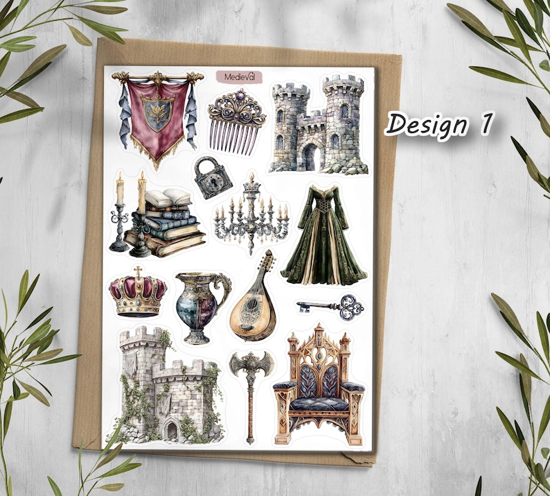May include: A sticker sheet with medieval illustrations, including a castle, crown, dress, lute, key, throne, and banner. The text "Design 1" is visible. The sticker sheet is on a brown background. The illustrations are in a watercolour style.