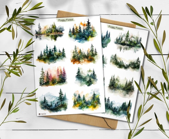 Foggy Forest Sticker Sheet: Watercolor Woodland Landscape Stickers