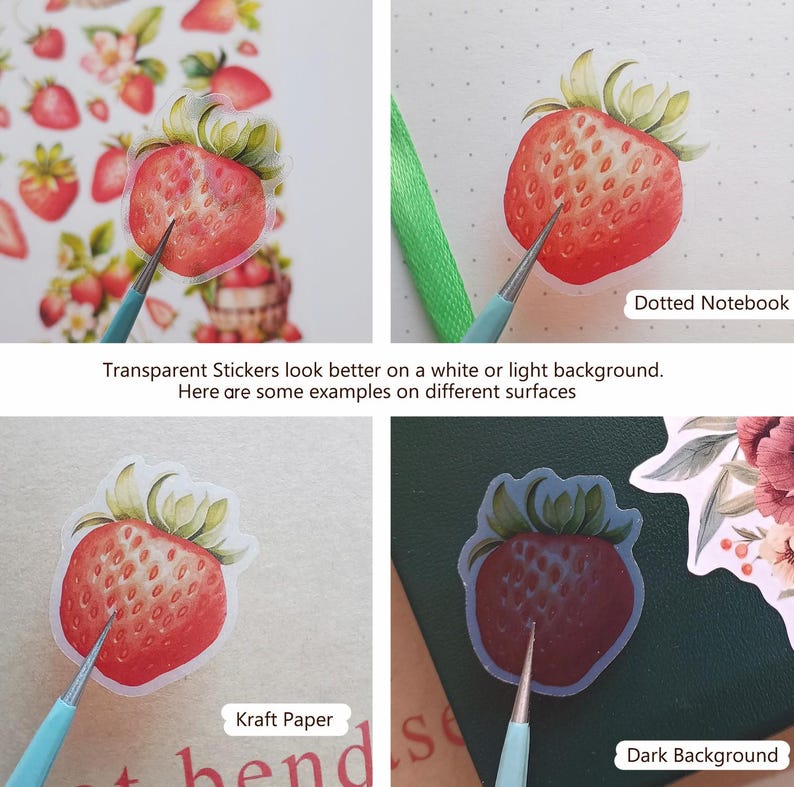 May include: A set of transparent strawberry stickers shown on various surfaces including a dotted notebook, kraft paper, and a dark background. The stickers feature a detailed red strawberry illustration with green leaves and a clear adhesive border.