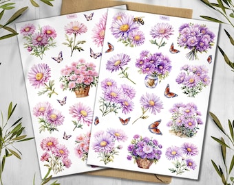 Aster Flower Sticker Pack: Botanical Scrapbooking, Planner Stickers