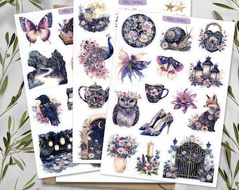 May include: Three sticker sheets labeled Night Garden featuring illustrations of a butterfly, a peacock, a clock, a snail, a teapot, an owl, a teacup, a lotus flower, a fox, high heels, a candle, a gate, a raven, and a forest path in purple and blue tones.