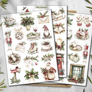 Puede incluir: Un conjunto de tres hojas de pegatinas etiquetadas como Holly Christmas con ilustraciones en acuarela de iconos navideños que incluyen un cascanueces, Santa Claus, un buzón, manoplas, cupcakes, un trineo, velas y ramas de acebo y bayas.