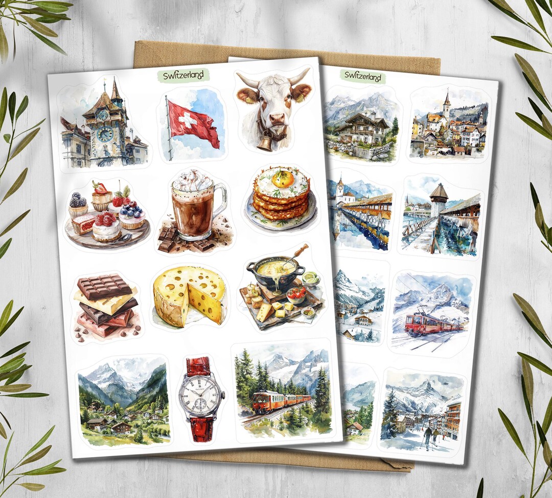 Switzerland Travel Stickers: Swiss Alps, Zurich, Geneva, Europe ...