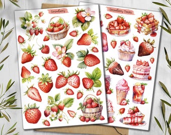 Strawberry Stickers. Summer Berries Stickers. Cottagecore Planner Stickers, Scrapbooking