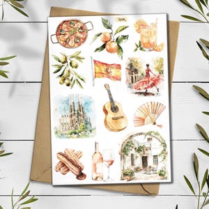 May include: Watercolour illustrations depicting Spanish culture: paella, oranges, olives, a Spanish flag, a flamenco dancer, a guitar, a fan, churros, wine, and a building. The word "Spain" is written at the top.