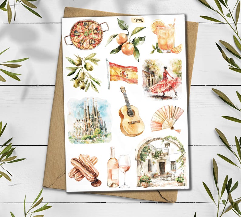 May include: Watercolour illustrations depicting Spanish culture: paella, oranges, olives, a Spanish flag, a flamenco dancer, a guitar, a fan, churros, wine, and a building. The word "Spain" is written at the top.
