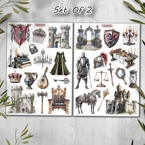 May include: Two sheets of medieval-themed stickers. The stickers feature castles, knights, crowns, swords, and other historical elements. The text "Set Of 2" is at the top. The stickers are in watercolor style.
