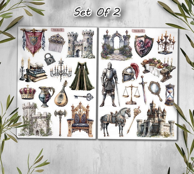 May include: Two sheets of medieval-themed stickers. The stickers feature castles, knights, crowns, swords, and other historical elements. The text "Set Of 2" is at the top. The stickers are in watercolor style.