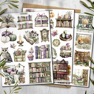 May include: A collection of sticker sheets featuring watercolor illustrations of books, bookshelves, pumpkins, an owl, candles, a clock, a cozy armchair, and a bookstore building. The designs incorporate autumn-themed elements and reading motifs.