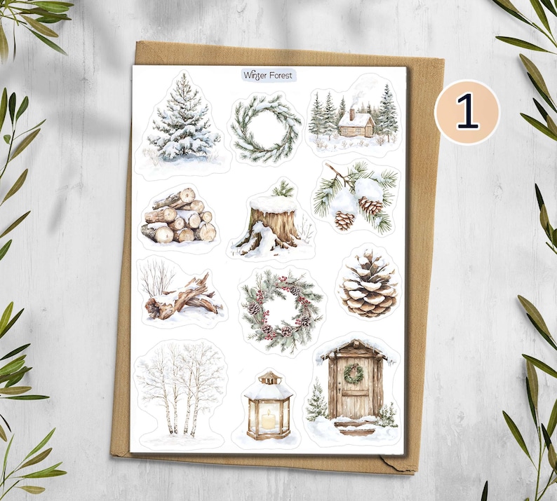 Winter Forest Stickers. Woodland Forest, Winter forest Planner Stickers. Winter Landscape Scrapbooking Design 1