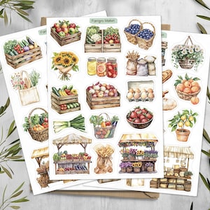 Könnte beinhalten: Ein Aufkleberbogen mit Aquarellillustrationen von Bauernmarktartikeln, darunter Holzkisten mit Obst und Gemüse, Beerenkörbe, Einmachgläser, Sonnenblumensträuße, Marktstände, frisches Gemüse und Topfpflanzen.
