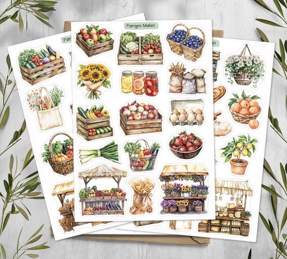 Farmers Market stickers. Vegetable & Fruit Stickers. Veggie Planner, Journal, Scrapbooking Stickers. Food market Stickers.
